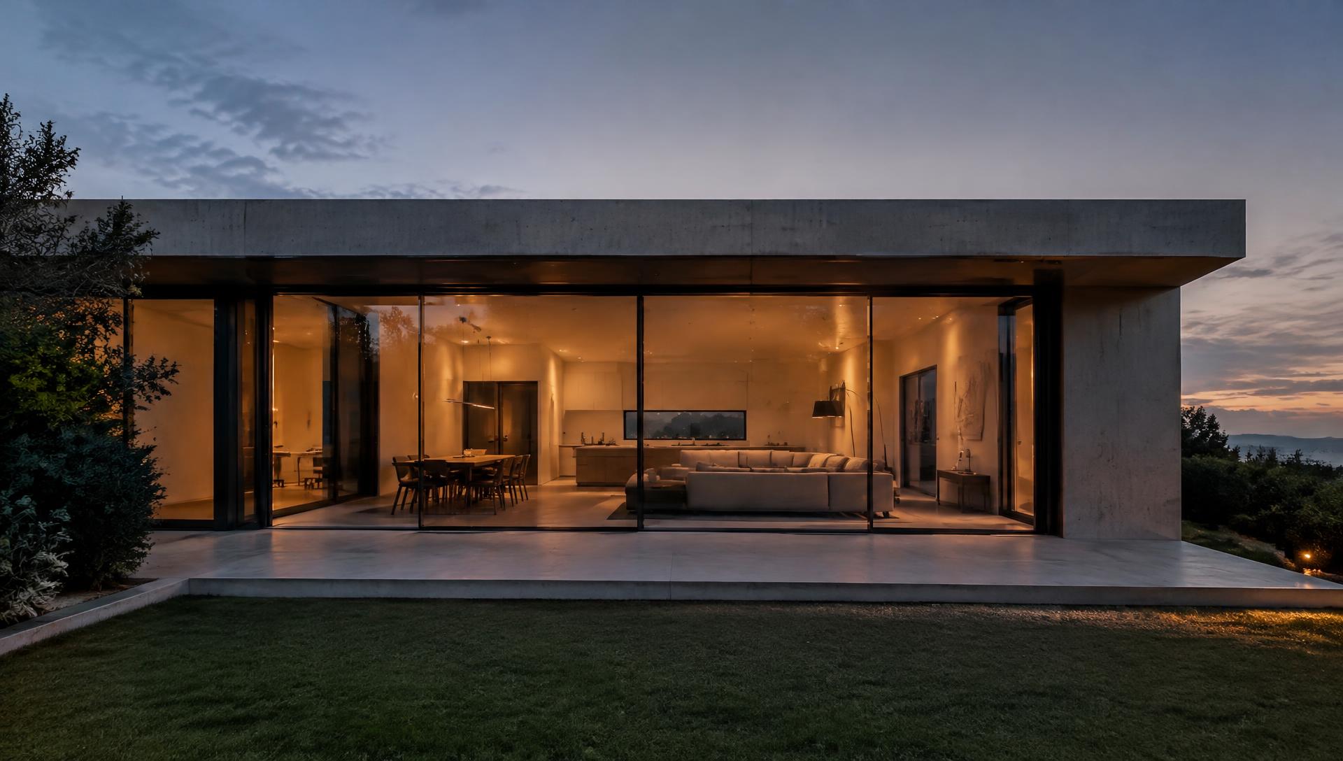 Imagen referencial de residencia moderna con mamparas de vidrio y marcos de aluminio negro