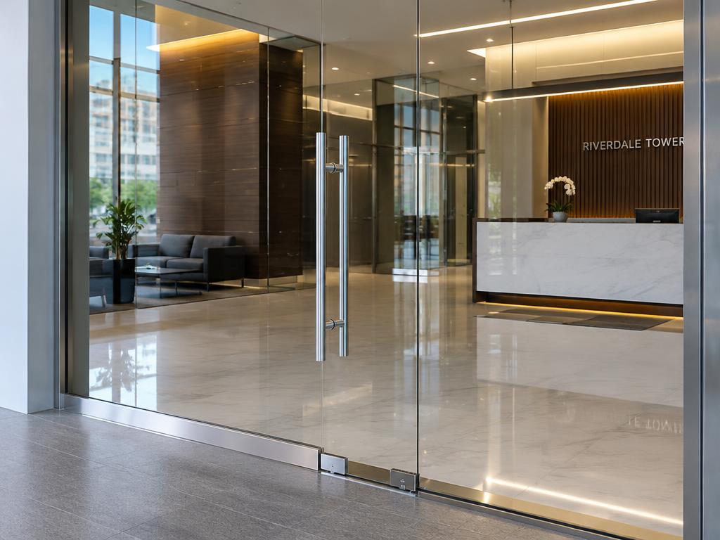 Imagen referencial de puerta de vidrio templado en lobby
